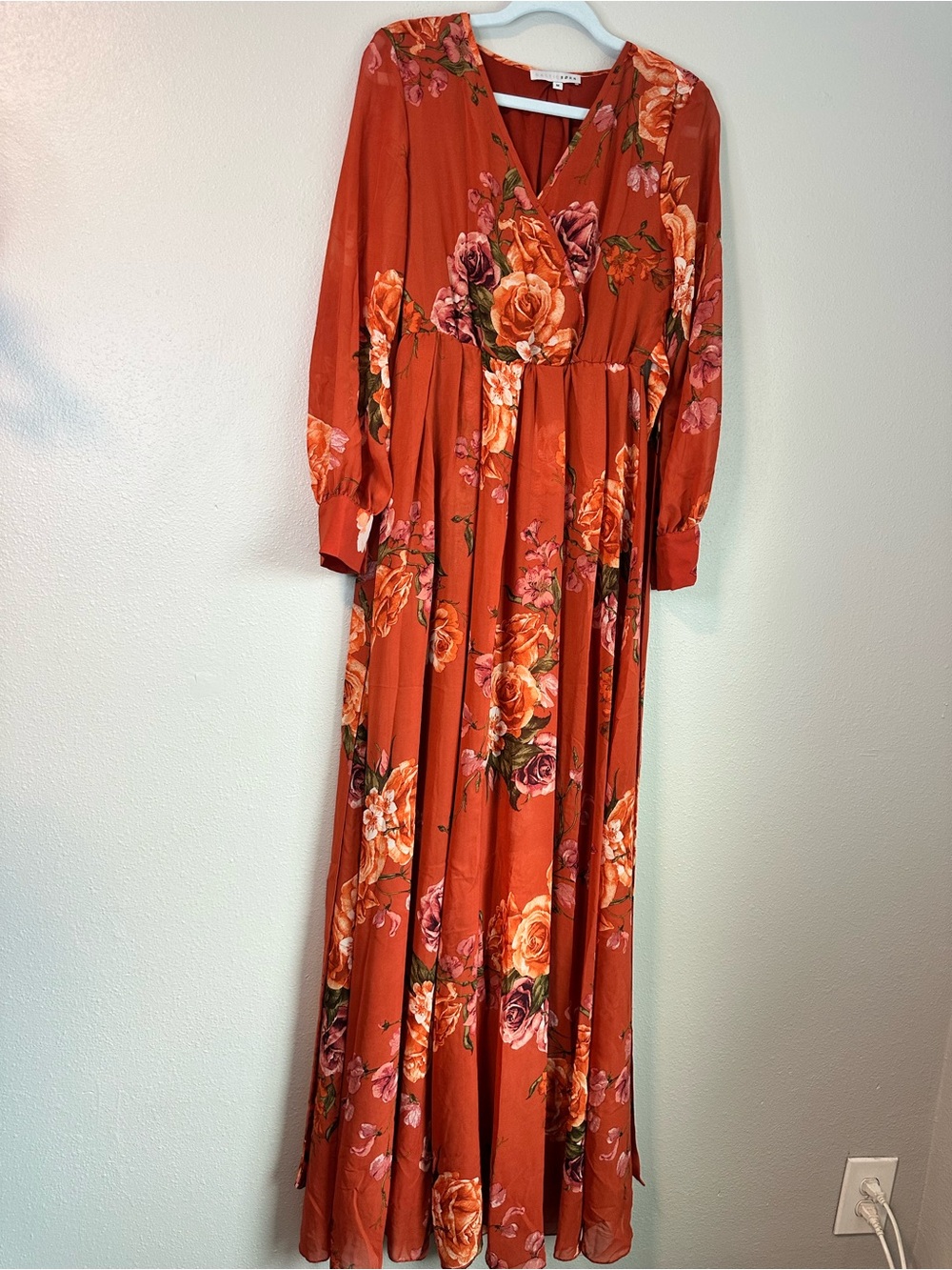 Baltic Born Rust Floral Chiffon Long Sleeve Maxi Dress Tie Waist